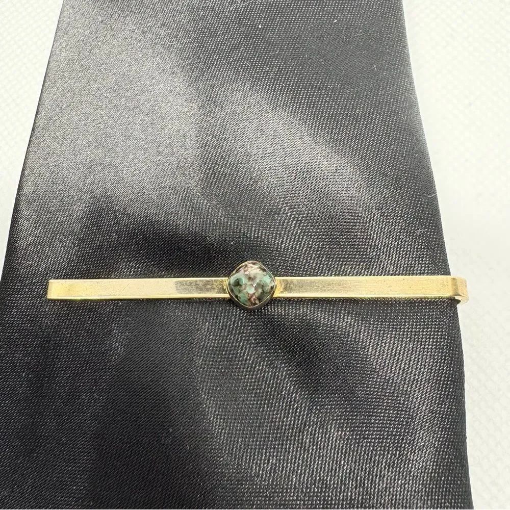 Vintage Turquoise Tie Bar Gold Tone Nu Lok Pat Pend 1950s Mid Century Stone